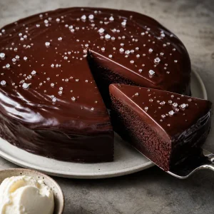 Finished ganache-covered chocolate cake sprinkled with flaky sea salt