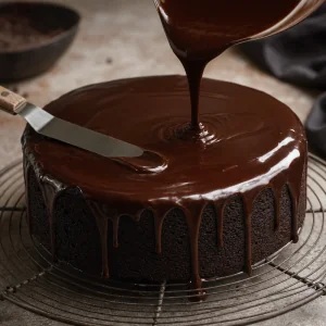 Glossy dark ganache poured over a cooled chocolate cake