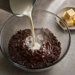 Hot cream poured over chopped dark chocolate for ganache