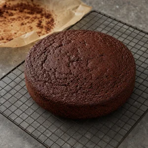 Plain chocolate fudge cake cooling on a wire rack
