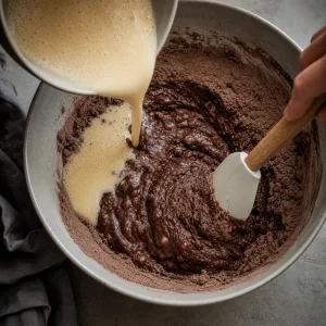 Wet ingredients poured into cocoa mixture and stirred into batter