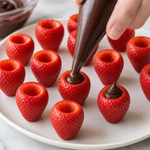 Ganache al cioccolato spremuta nelle fragole svuotate con piccoli ciuffi in cima
