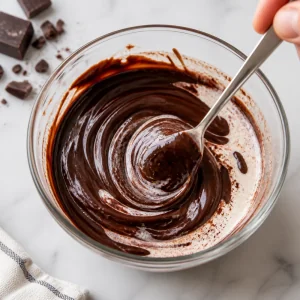 Cioccolato fondente tritato e panna mescolati in una ganache liscia