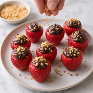 Nocciole tostate tritate cosparse sulle fragole ripiene di cioccolato ancora umido