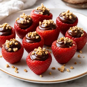 Decadent chocolate stuffed strawberries with hazelnut crunch