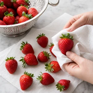 Fragole fresche sciacquate e asciugate con carta assorbente