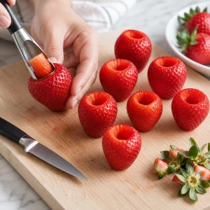 Fragole private del picciolo e svuotate per accogliere il ripieno al cioccolato