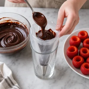 Ganache al cioccolato densa trasferita in una sac à poche con punta tonda