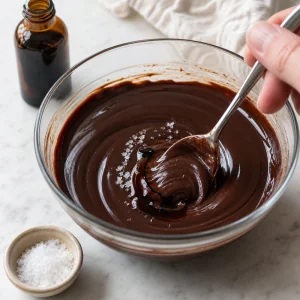 Estratto di vaniglia e sale marino mescolati nella ganache al cioccolato lucida