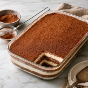 Chilled chocolate tiramisu dessert lasagna dusted generously with cocoa powder before serving