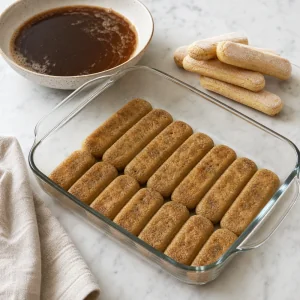 Coffee dipped ladyfingers arranged in a single layer in a glass baking dish
