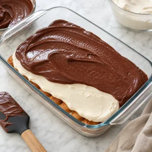 Mascarpone cream and chocolate mousse spread over the first ladyfinger layer