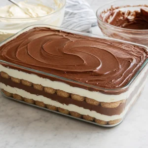Second layers of ladyfingers mascarpone cream and chocolate mousse assembled in the dish