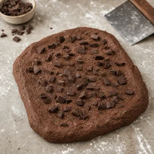 납작하게 편 어두운 빵 반죽 위에 초콜릿 조각을 뿌린 모습