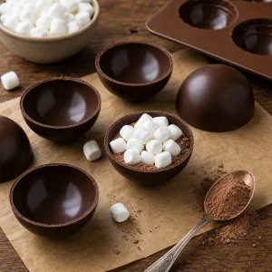 Schokoladenhalbkugeln mit Kakaomix und Marshmallows