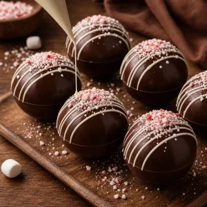 Kakaobomben mit weisser Glasur und zerdrueckten Bonbons