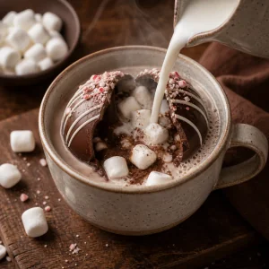 Heisse Milch wird ueber eine Schokobombe gegossen, Marshmallows erscheinen