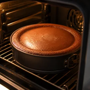 Baked chocolate cheesecake cooling in the open oven