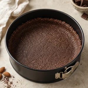 Baked chocolate crust pressed into a springform pan