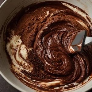 Chocolate cheesecake batter swirled with cocoa and melted chocolate
