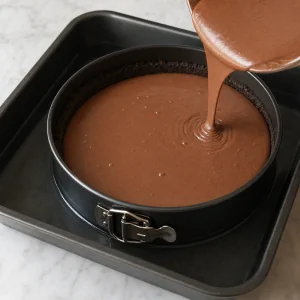Chocolate filling poured into crust inside a water bath