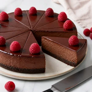 Clean slice cut from a finished chocolate cheesecake
