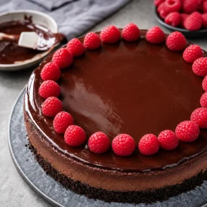 Glossy ganache and raspberries on chocolate cheesecake
