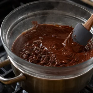 Glossy melted dark chocolate in a heatproof bowl