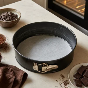 Springform pan lined with parchment for chocolate cheesecake