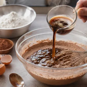 Aufgeloester Espresso wird in die feuchten Mokka-Kuchenzutaten gegossen.