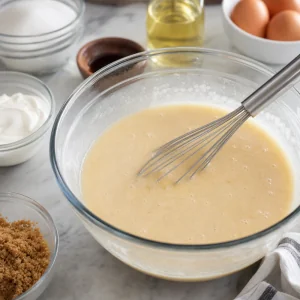 Eier, Milch, Oel, Sauerrahm, Vanille und Zucker glatt verquirlt.