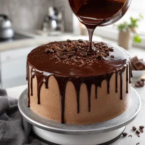 Fertiger Mokka-Kuchen mit Buttercreme und glaenzenden Ganache-Tropfen.