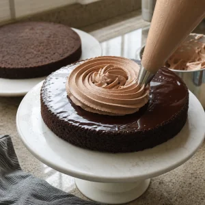 Erster Kuchenboden mit Ganache und Mokka-Buttercreme beim Zusammensetzen.