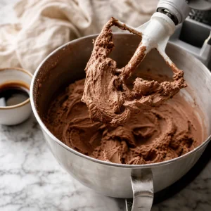 Luftige Mokka-Buttercreme mit Kakao und aufgeloestem Espresso geschlagen.
