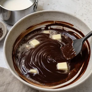Heisse Sahne und Butter werden in gehackte Schokolade zu glaenzender Ganache geruehrt.