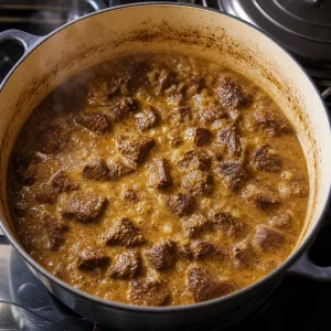 Beef and onions simmering in mustard sauce