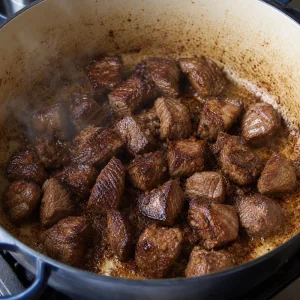 Beef cubes browning in a Dutch oven