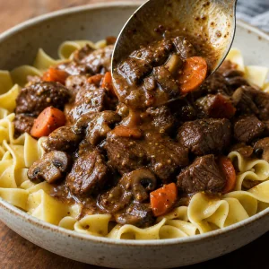 Beef stew spooned over wide egg noodles