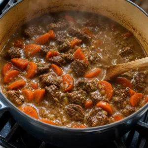 Carrots simmering with beef in the stew