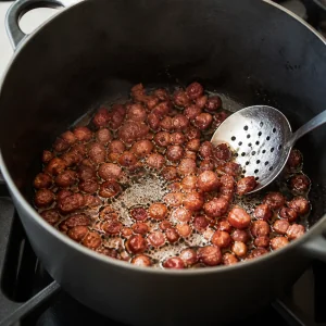 Diced bacon rendering in a Dutch oven