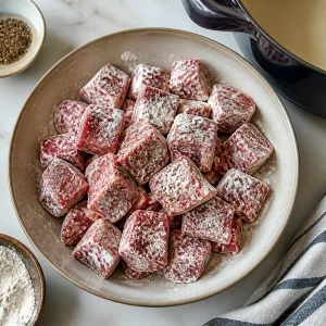 Floured beef cubes seasoned before browning