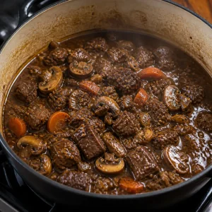 Mushrooms stirred into the finished beef stew