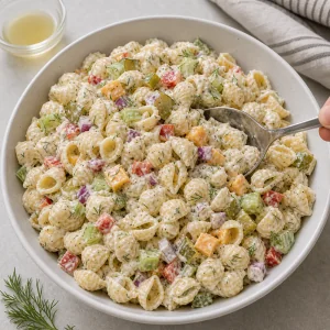 Chilled dill pickle pasta salad stirred before serving