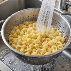 Cooked shell pasta rinsing under cold water in a colander