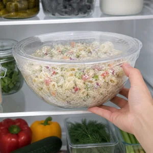 Covered bowl of pasta salad chilling in the refrigerator