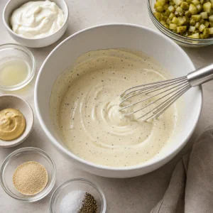 Creamy dressing being whisked in a mixing bowl