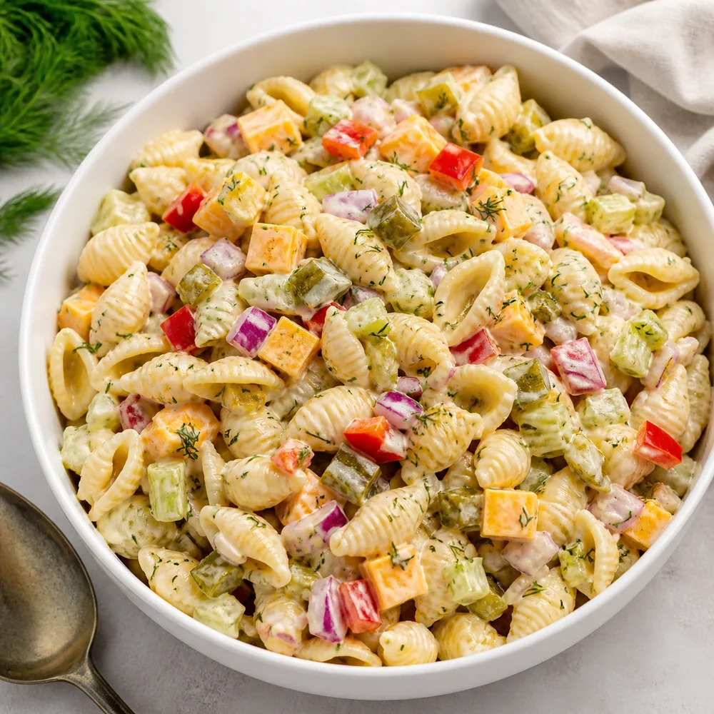 Finished dill pickle pasta salad in a white serving bowl