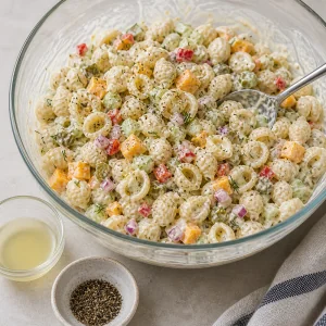 Mixed pasta salad with pickle brine and pepper for seasoning