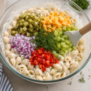 Pickles, cheddar, vegetables, and dill added to creamy pasta