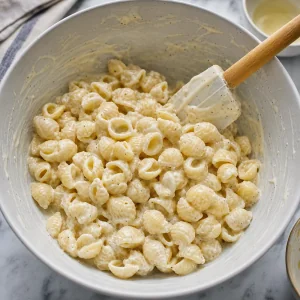 Shell pasta folded into creamy dressing